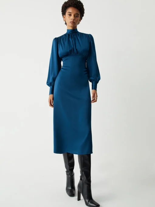 COMMENSE Casual Dresses|Work Dresses^Satin Mock Neck Tie Back Long Sleeve Midi Dress Blue