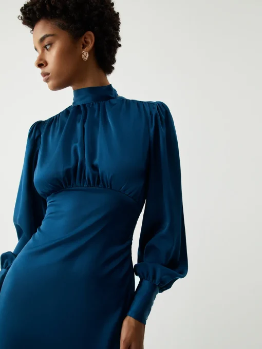 COMMENSE Casual Dresses|Work Dresses^Satin Mock Neck Tie Back Long Sleeve Midi Dress Blue
