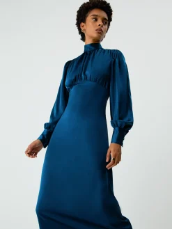 COMMENSE Casual Dresses|Work Dresses^Satin Mock Neck Tie Back Long Sleeve Midi Dress Blue
