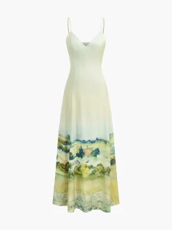 COMMENSE White Dresses|Casual Dresses^Satin Print V-Neck Cami Dress Beige