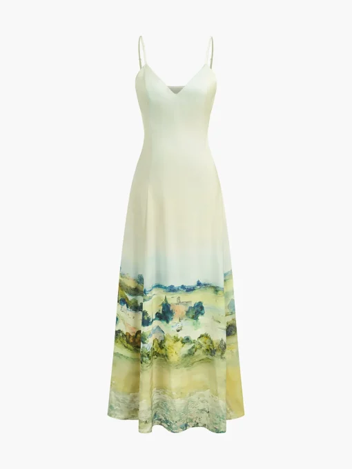COMMENSE White Dresses|Casual Dresses^Satin Print V-Neck Cami Dress Beige