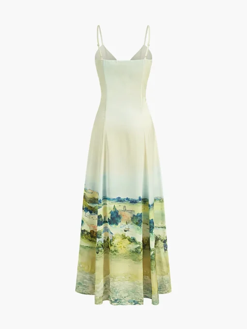 COMMENSE White Dresses|Casual Dresses^Satin Print V-Neck Cami Dress Beige