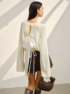 COMMENSE Knitwear|Tops^Satin-Bow Bell Sleeve Short Sweater Off-White