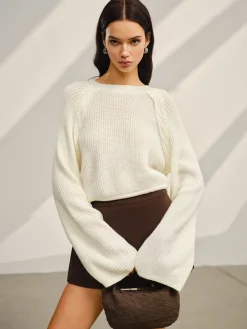COMMENSE Knitwear|Tops^Satin-Bow Bell Sleeve Short Sweater Off-White