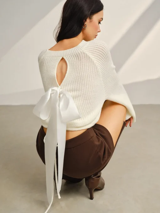 COMMENSE Knitwear|Tops^Satin-Bow Bell Sleeve Short Sweater Off-White