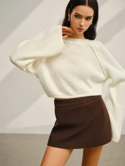 COMMENSE Knitwear|Tops^Satin-Bow Bell Sleeve Short Sweater Off-White