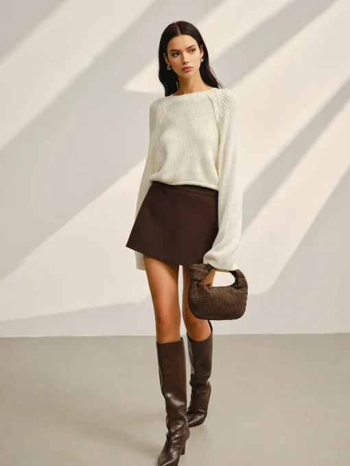 COMMENSE Knitwear|Tops^Satin-Bow Bell Sleeve Short Sweater Off-White