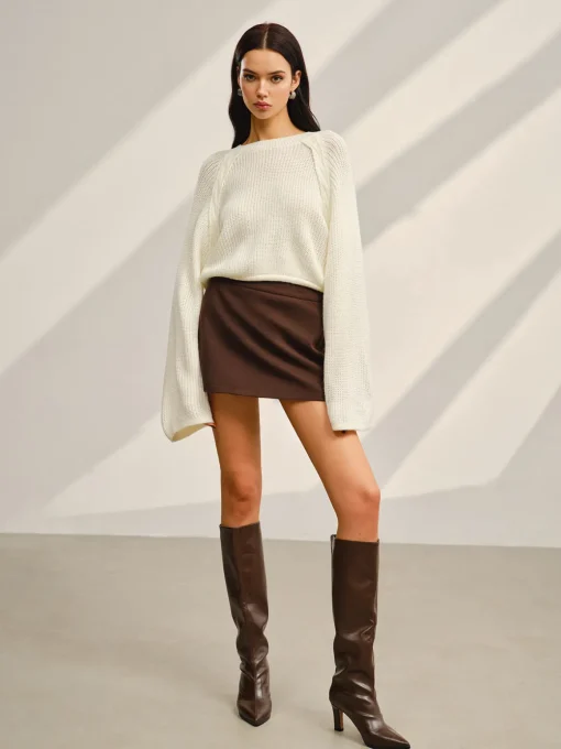 COMMENSE Knitwear|Tops^Satin-Bow Bell Sleeve Short Sweater Off-White