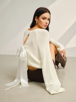 COMMENSE Knitwear|Tops^Satin-Bow Bell Sleeve Short Sweater Off-White