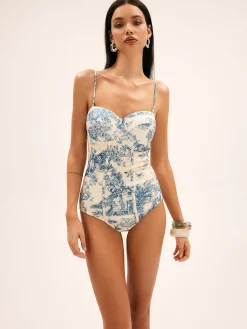 COMMENSE Swimwear|Tops^Seaside Hut Print One Piece Swimsuit Bluewhite