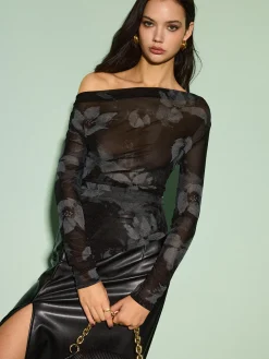 COMMENSE Tops^Semi-Sheer Asymmetrical Printed T-Shirt Black
