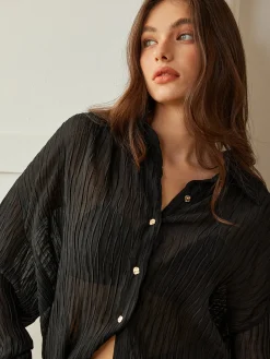 COMMENSE Blouses & Shirts|Tops^Semi-Sheer Button Polo Shirt Black