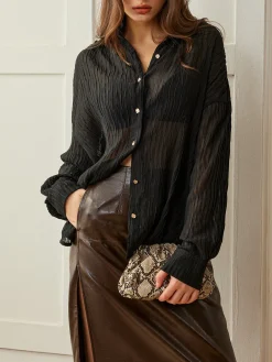 COMMENSE Blouses & Shirts|Tops^Semi-Sheer Button Polo Shirt Black