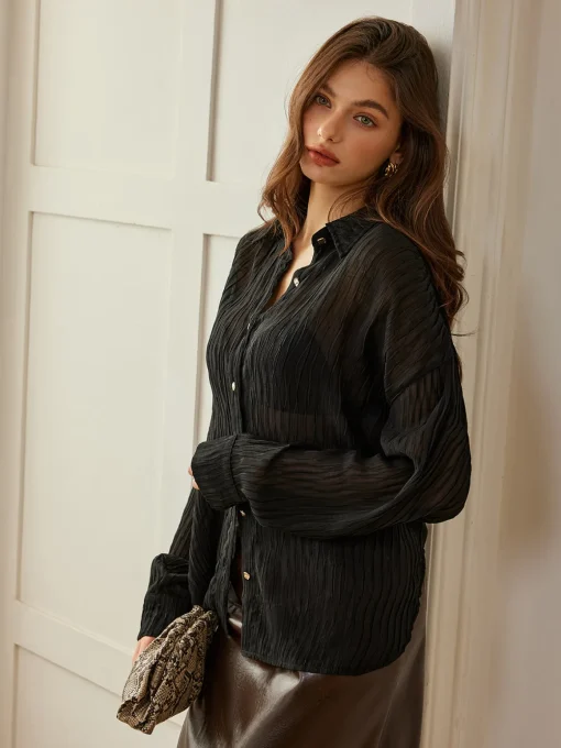 COMMENSE Blouses & Shirts|Tops^Semi-Sheer Button Polo Shirt Black