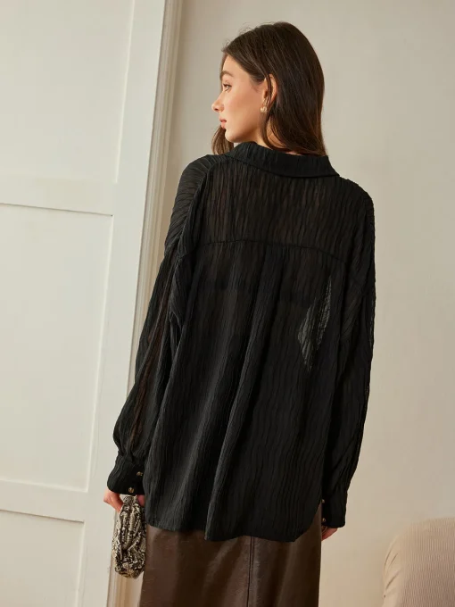 COMMENSE Blouses & Shirts|Tops^Semi-Sheer Button Polo Shirt Black