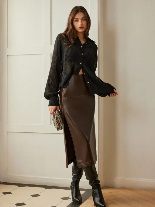 COMMENSE Blouses & Shirts|Tops^Semi-Sheer Button Polo Shirt Black