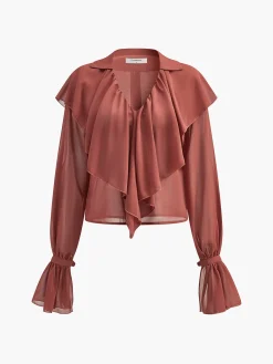 COMMENSE Blouses & Shirts|Tops^Semi-Sheer Chiffon Ruffle Shirt Red