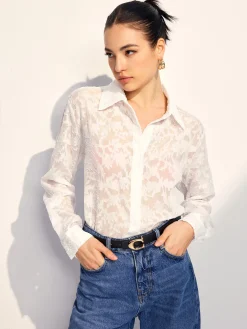 COMMENSE Blouses & Shirts|Tops^Semi-Sheer Jacquard Button Shirt White