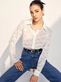 COMMENSE Blouses & Shirts|Tops^Semi-Sheer Jacquard Button Shirt White