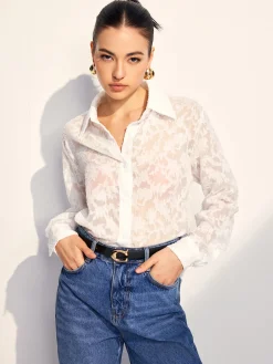 COMMENSE Blouses & Shirts|Tops^Semi-Sheer Jacquard Button Shirt White