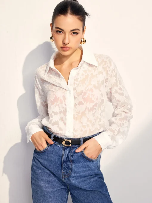 COMMENSE Blouses & Shirts|Tops^Semi-Sheer Jacquard Button Shirt White