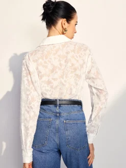 COMMENSE Blouses & Shirts|Tops^Semi-Sheer Jacquard Button Shirt White