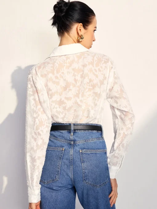 COMMENSE Blouses & Shirts|Tops^Semi-Sheer Jacquard Button Shirt White