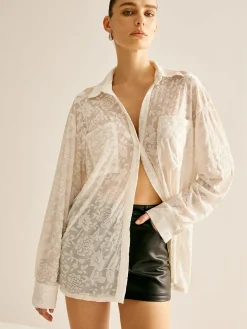 COMMENSE Blouses & Shirts|Tops^Semi-Sheer Jacquard Polo Shirt White