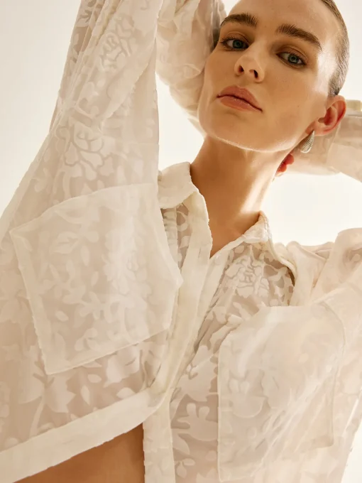 COMMENSE Blouses & Shirts|Tops^Semi-Sheer Jacquard Polo Shirt White