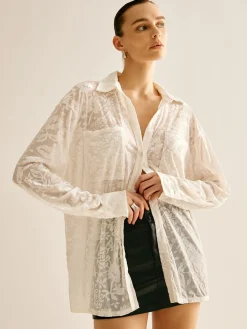 COMMENSE Blouses & Shirts|Tops^Semi-Sheer Jacquard Polo Shirt White