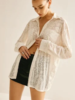 COMMENSE Blouses & Shirts|Tops^Semi-Sheer Jacquard Polo Shirt White
