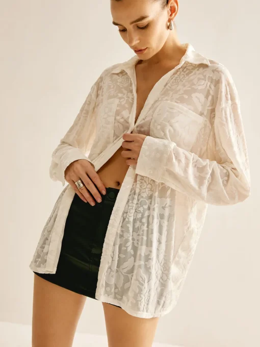 COMMENSE Blouses & Shirts|Tops^Semi-Sheer Jacquard Polo Shirt White