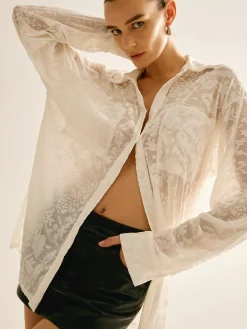 COMMENSE Blouses & Shirts|Tops^Semi-Sheer Jacquard Polo Shirt White