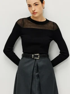COMMENSE Sweater Tops|Sweaters & Cardigans^Semi-Sheer Panel Sweater Black