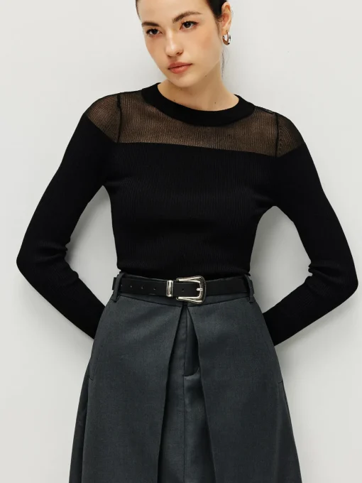 COMMENSE Sweater Tops|Sweaters & Cardigans^Semi-Sheer Panel Sweater Black