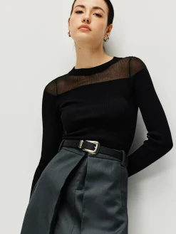 COMMENSE Sweater Tops|Sweaters & Cardigans^Semi-Sheer Panel Sweater Black