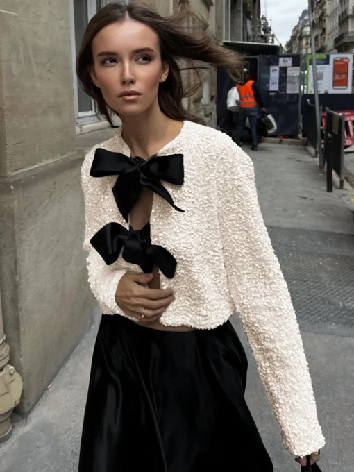 COMMENSE Blouses & Shirts|Tops^Sequined Velvet Bowknot Decor Blouse Beige