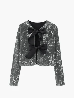 COMMENSE Blouses & Shirts|Tops^Sequined Velvet Bowknot Decor Blouse Beige