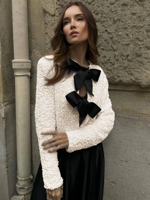 COMMENSE Blouses & Shirts|Tops^Sequined Velvet Bowknot Decor Blouse Beige