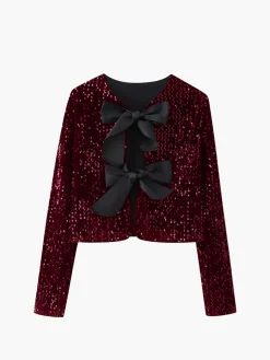 COMMENSE Blouses & Shirts|Tops^Sequined Velvet Bowknot Decor Blouse Beige