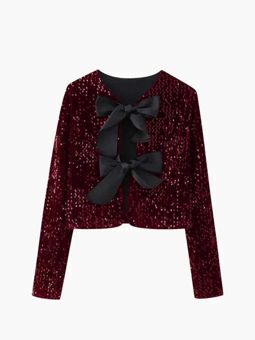 COMMENSE Blouses & Shirts|Tops^Sequined Velvet Bowknot Decor Blouse Beige