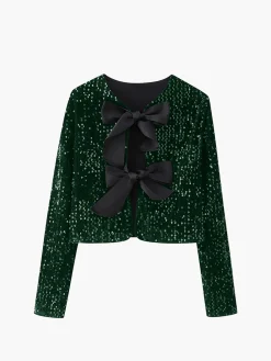 COMMENSE Blouses & Shirts|Tops^Sequined Velvet Bowknot Decor Blouse Beige