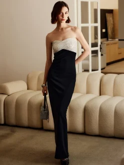 COMMENSE Black Dresses|Cocktail & Party Dresses^Sequins Color Block Tube Long Dress Black