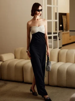 COMMENSE Black Dresses|Cocktail & Party Dresses^Sequins Color Block Tube Long Dress Black