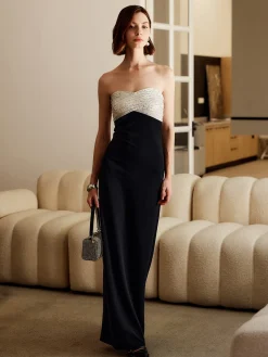 COMMENSE Black Dresses|Cocktail & Party Dresses^Sequins Color Block Tube Long Dress Black