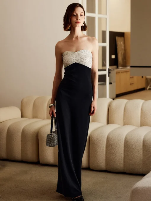 COMMENSE Black Dresses|Cocktail & Party Dresses^Sequins Color Block Tube Long Dress Black