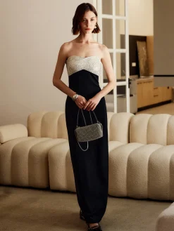 COMMENSE Black Dresses|Cocktail & Party Dresses^Sequins Color Block Tube Long Dress Black