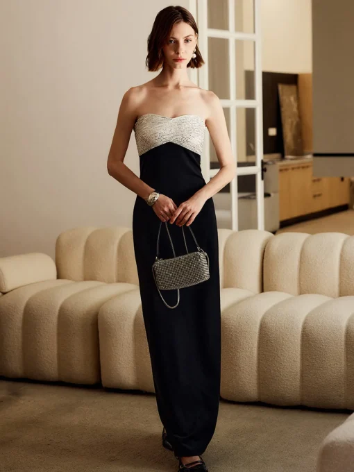 COMMENSE Black Dresses|Cocktail & Party Dresses^Sequins Color Block Tube Long Dress Black