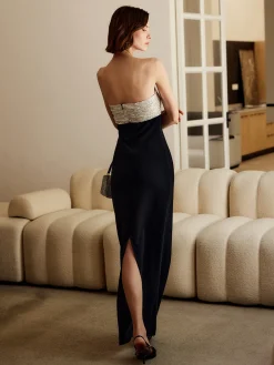 COMMENSE Black Dresses|Cocktail & Party Dresses^Sequins Color Block Tube Long Dress Black