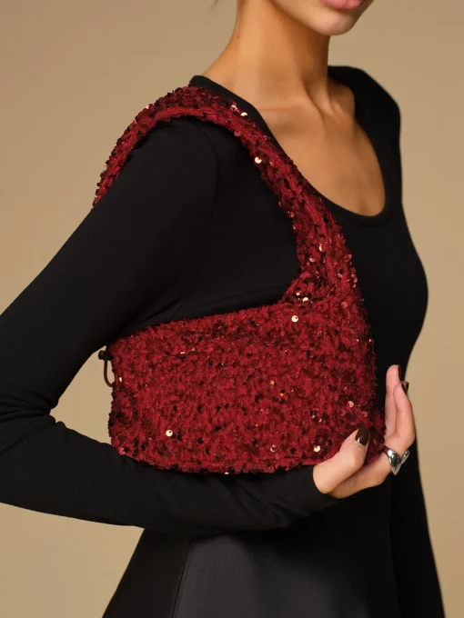 COMMENSE Bags|Accessories^Sequins Drawstring Velvet Armpit Bag Burgundy
